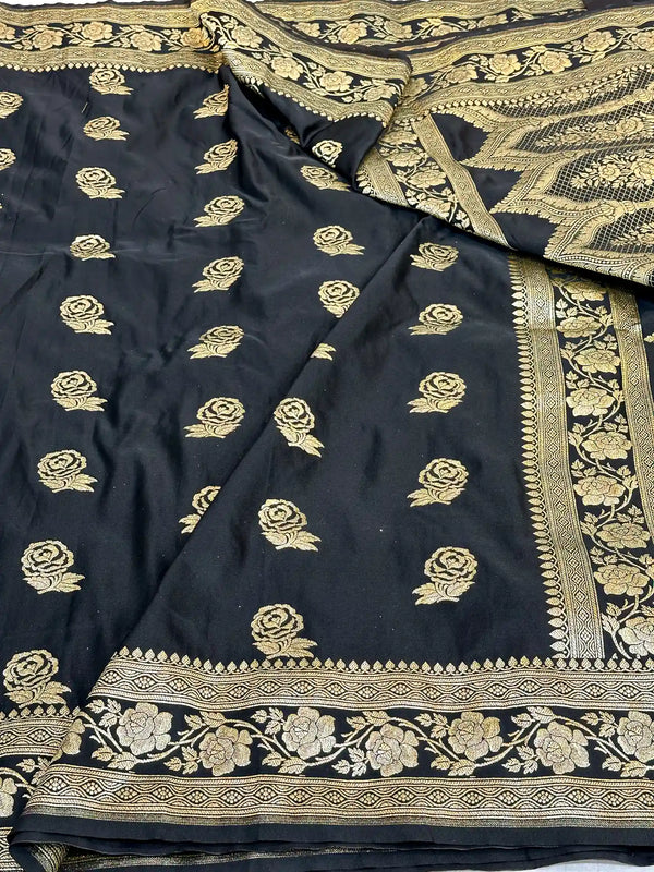 Jet Black Mashru Katan Silk Banarasi Saree