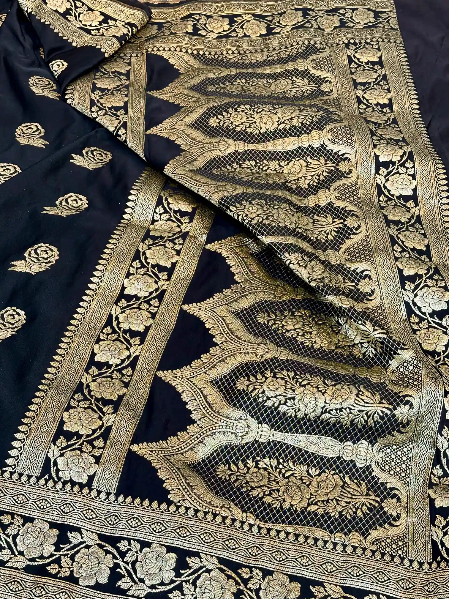 Jet Black Mashru Katan Silk Banarasi Saree