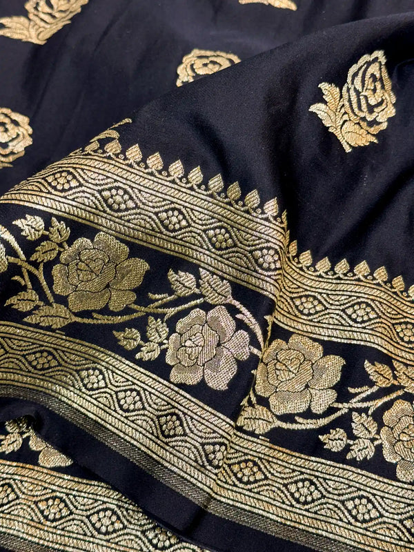 Jet Black Mashru Katan Silk Banarasi Saree