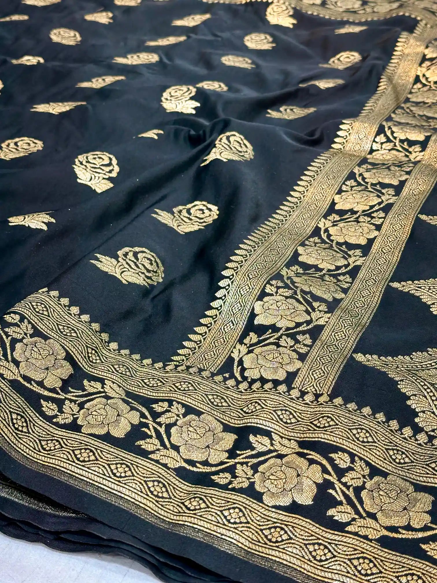 Jet Black Mashru Katan Silk Banarasi Saree