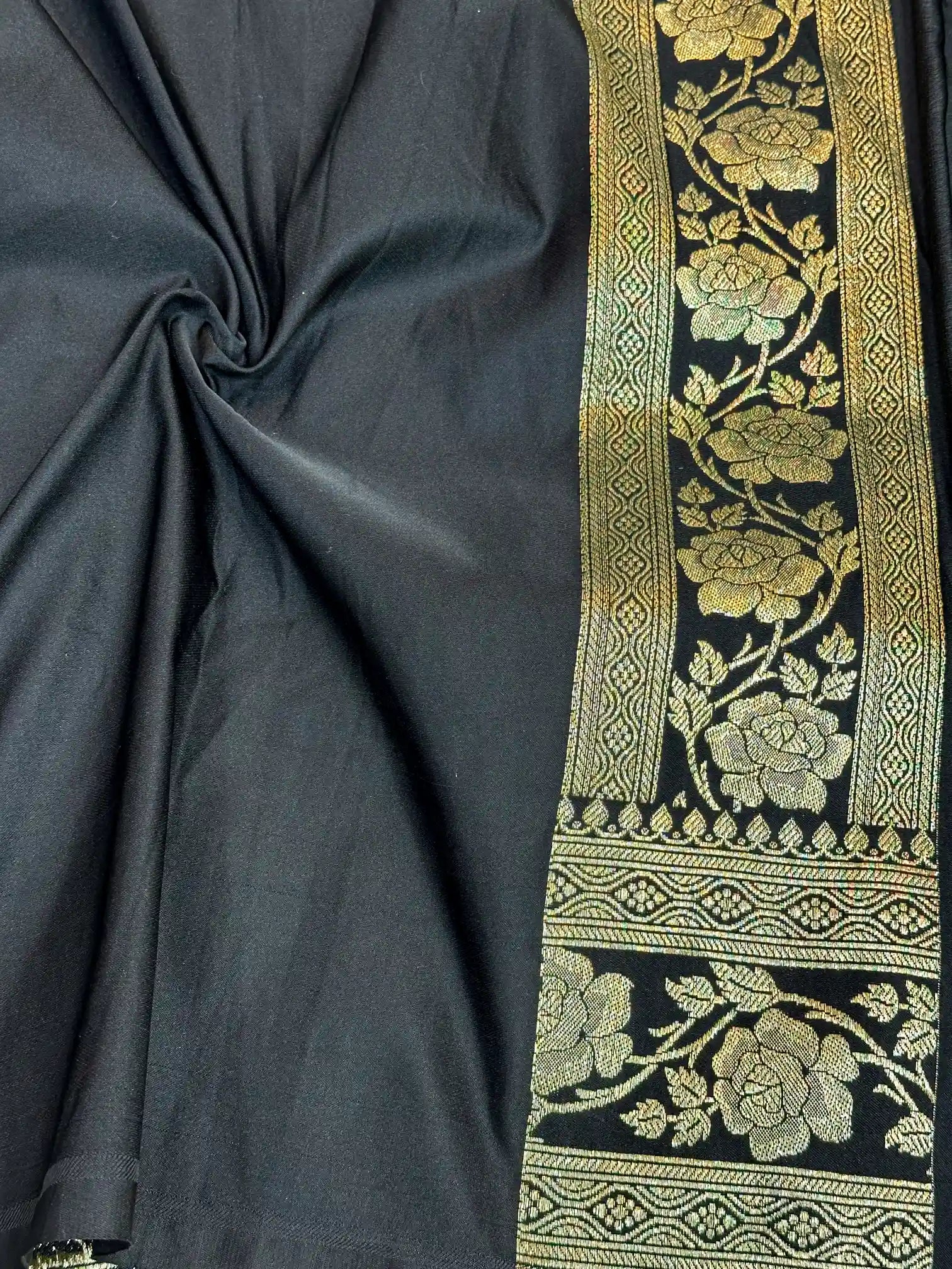 Jet Black Mashru Katan Silk Banarasi Saree