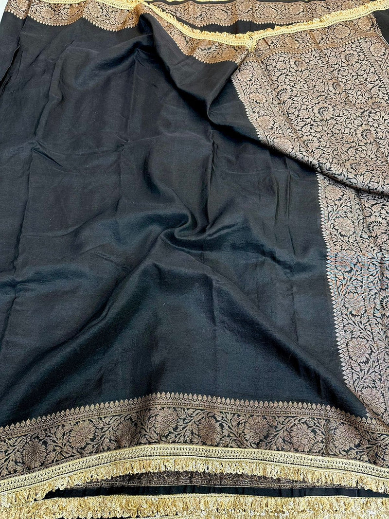 Black Mysore Silk Designer Lace Attached Banarasi Saree 