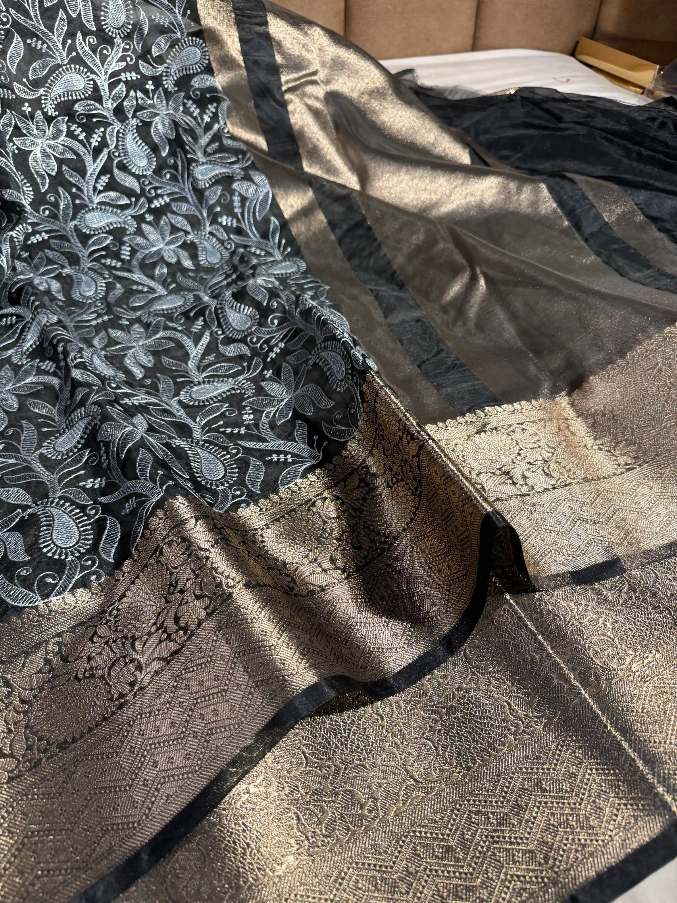 Black Organza Silk Chikankari Work Banarasi Saree