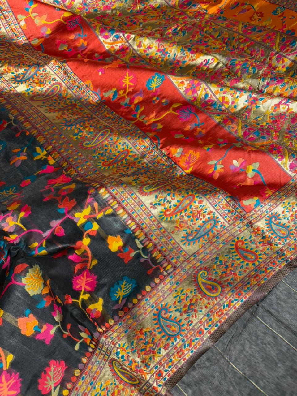 Black Soft Cotton Pashmina Tilfi Meenakari Banarasi Saree