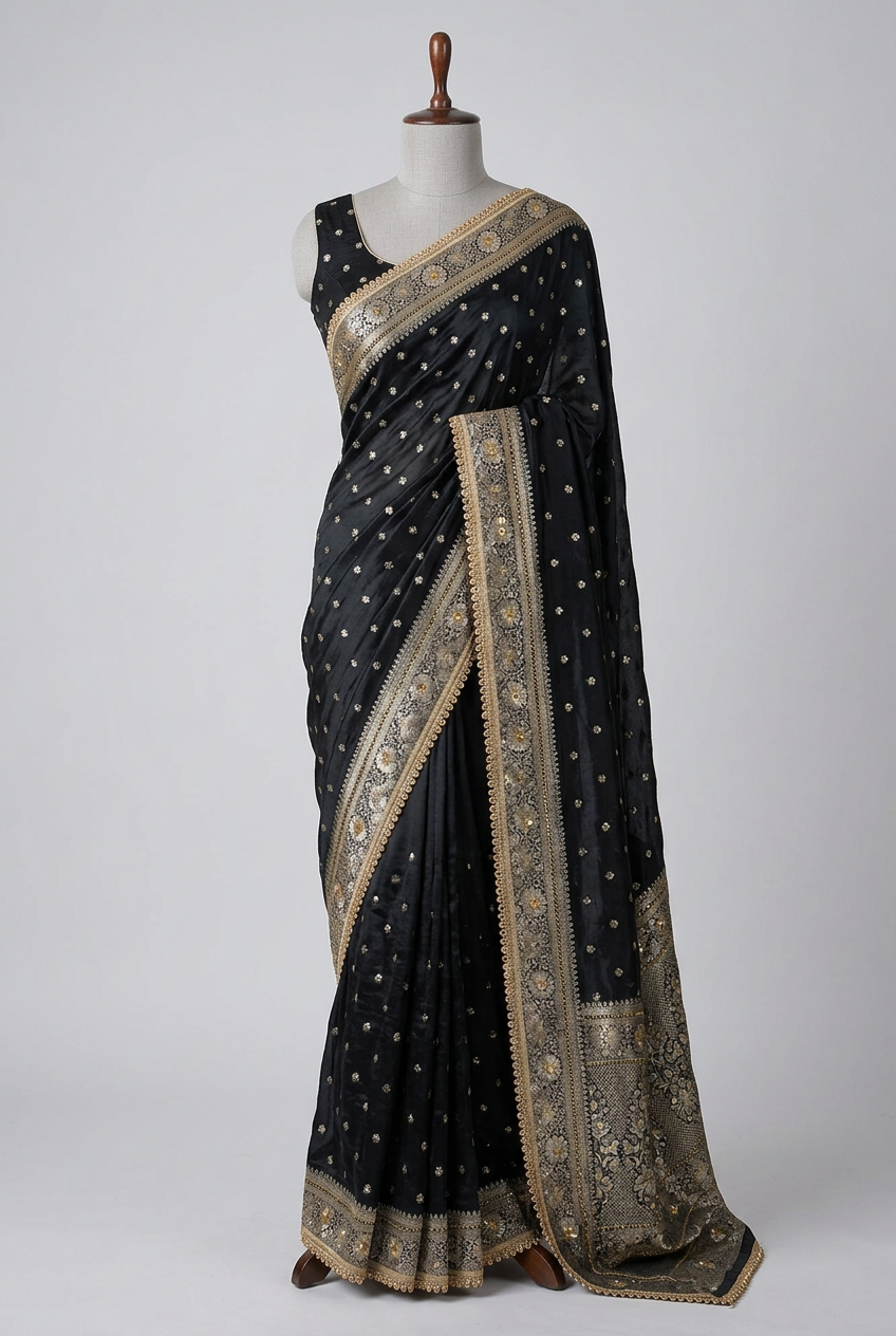 Black Soft Georgette Ghungroo Mirror Work Saree
