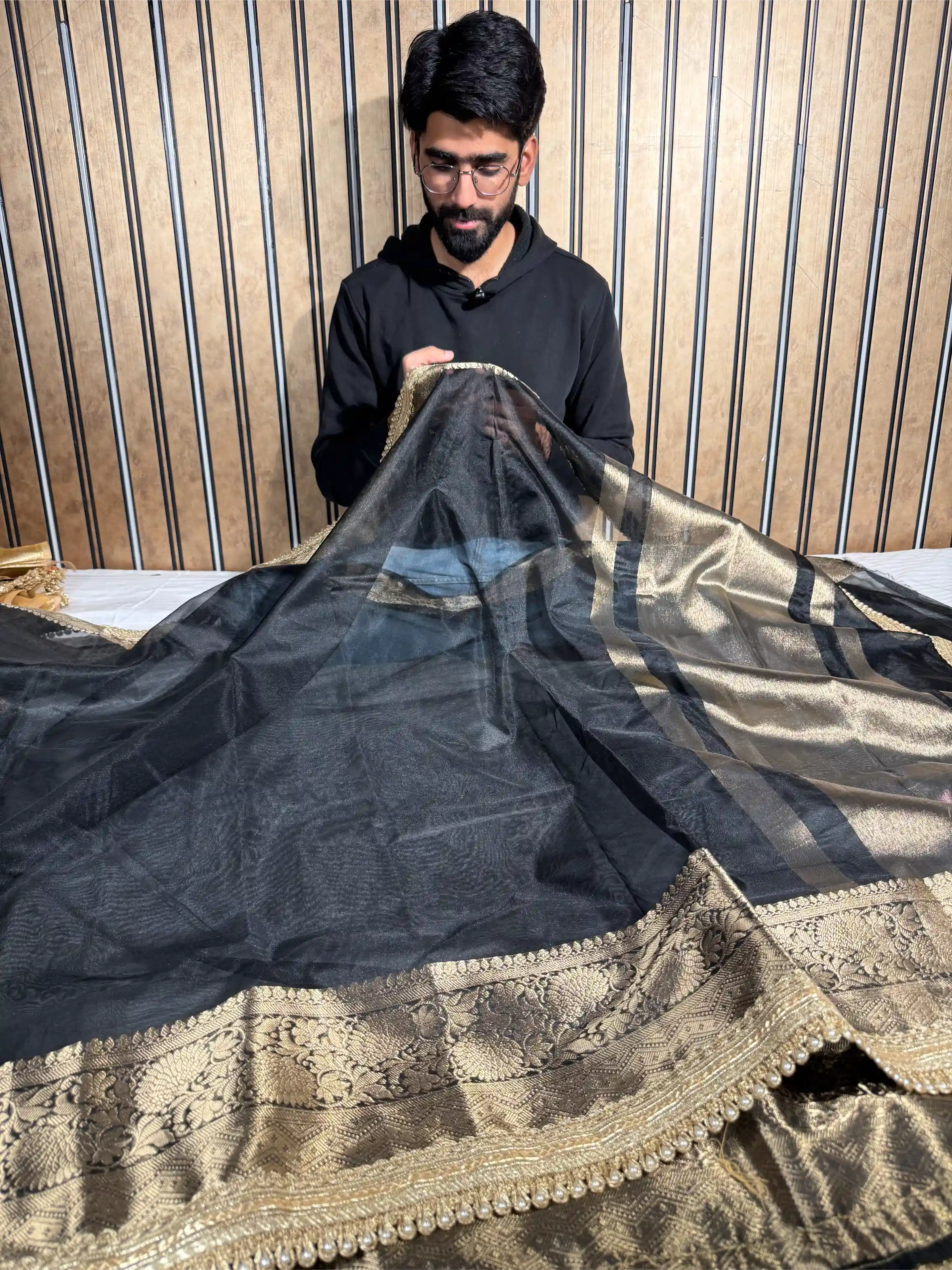 Black Tissue Silk Designer Lace Attached Banarasi Saree