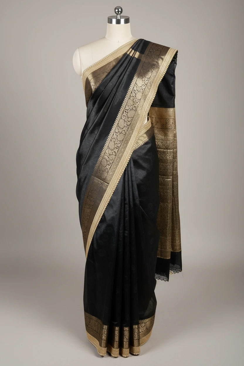 Black Tissue Silk Designer Lace Attached Banarasi Saree