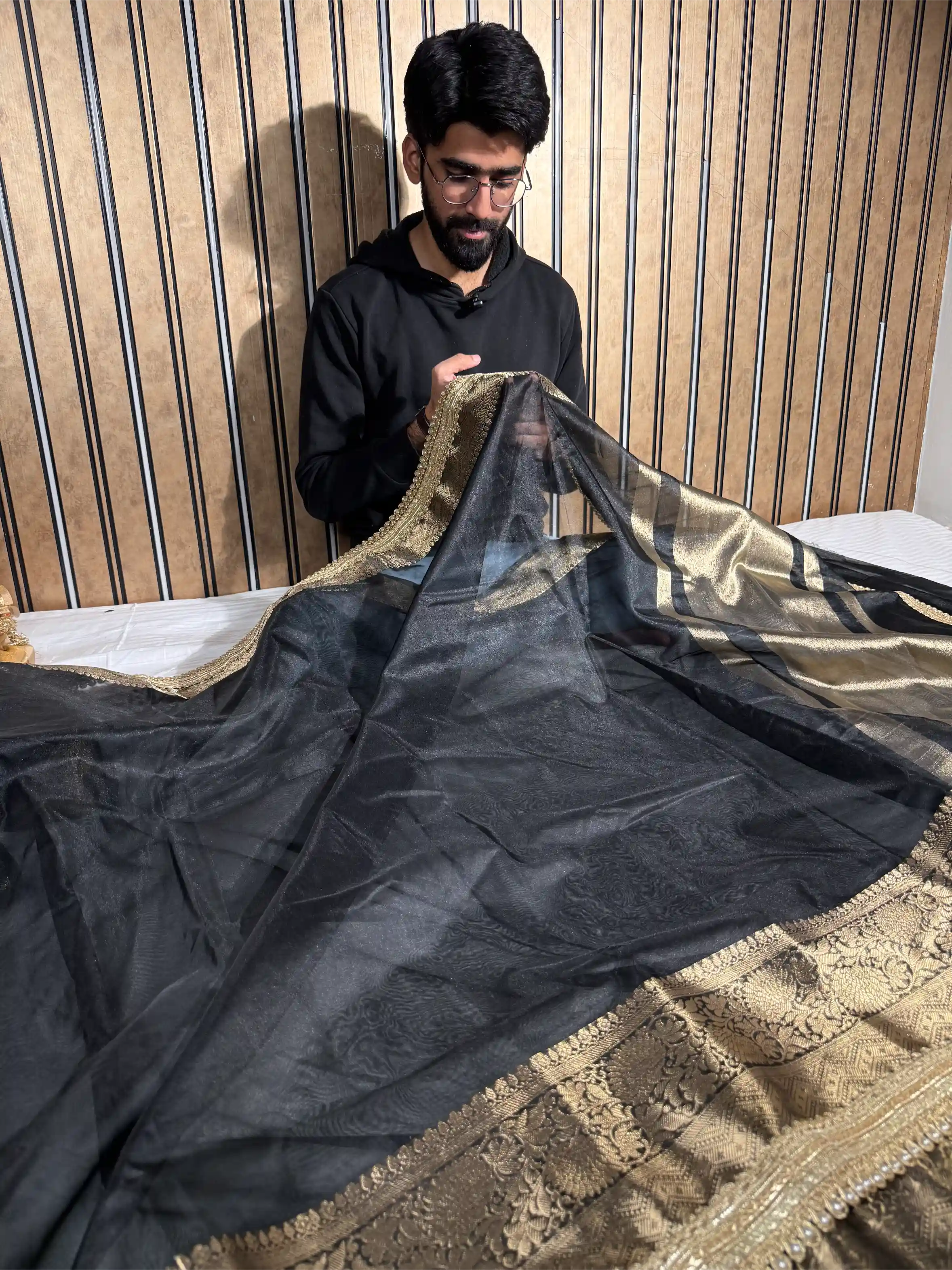 Black Tissue Silk Designer Lace Attached Banarasi Saree