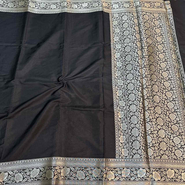 Black Mysore Silk Golden Zari Floral Embossed Pallu Saree