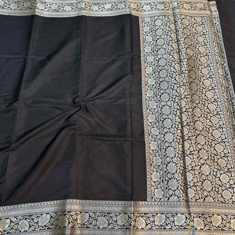 Black Mysore Silk Golden Zari Floral Embossed Pallu Saree