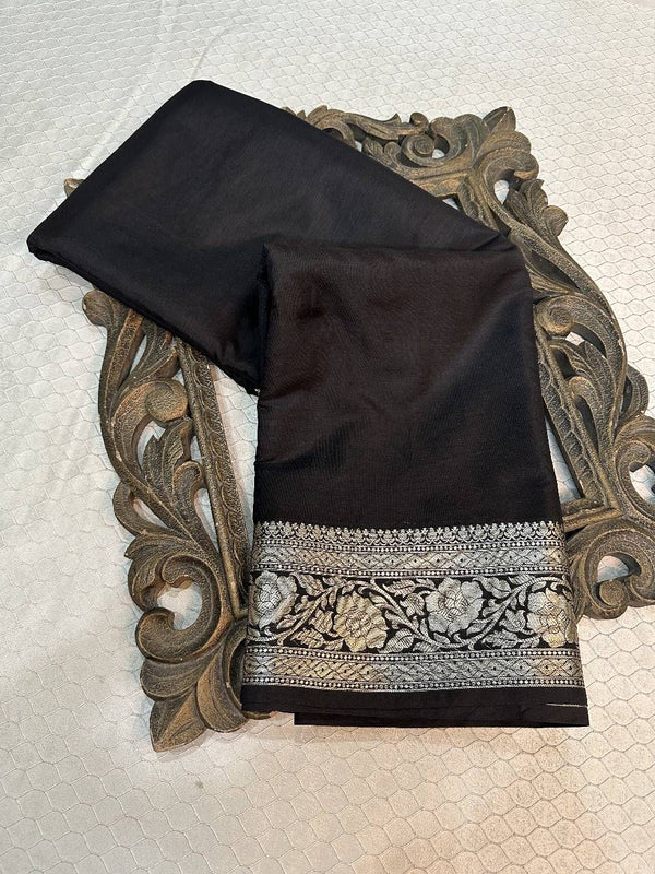 Black Mysore Silk Golden Zari Floral Embossed Pallu Saree
