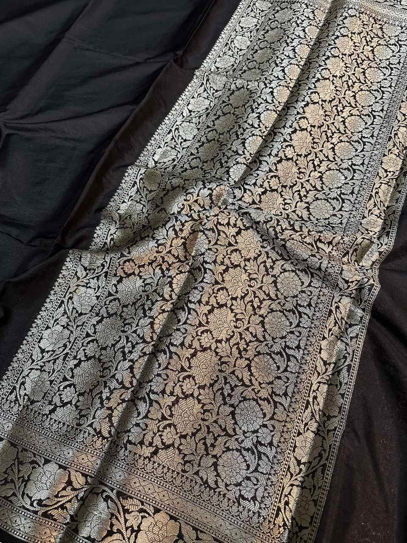 Black Mysore Silk Golden Zari Floral Embossed Pallu Saree