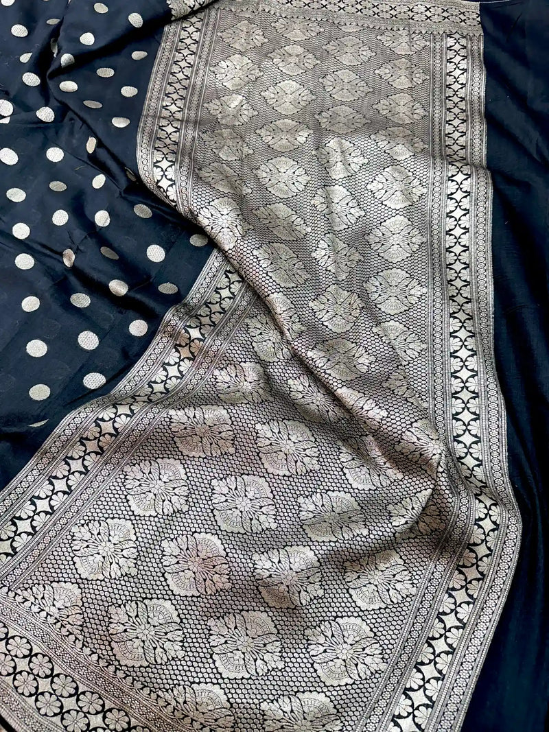 Black Polk Dots Munga Silk Banarasi Saree