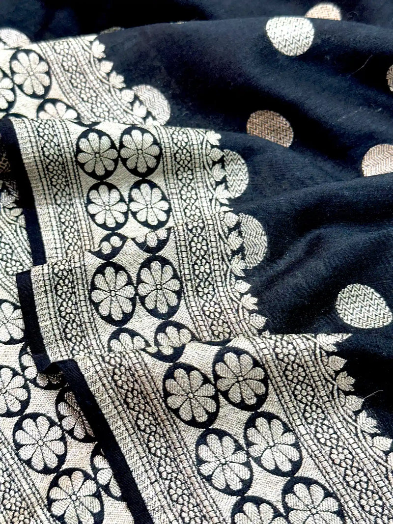 Black Polk Dots Munga Silk Banarasi Saree