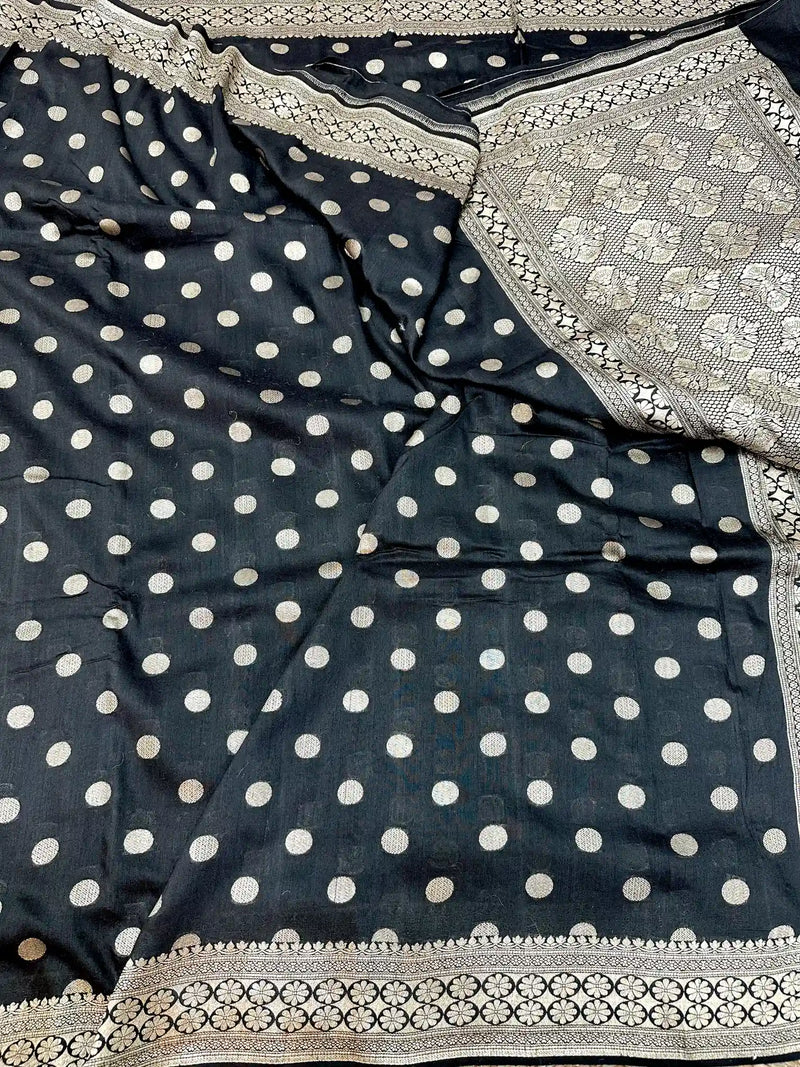 Black Polk Dots Munga Silk Banarasi Saree