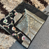 Black Semi Georgette Silk Alfi Meena Khaddi Banarasi Saree