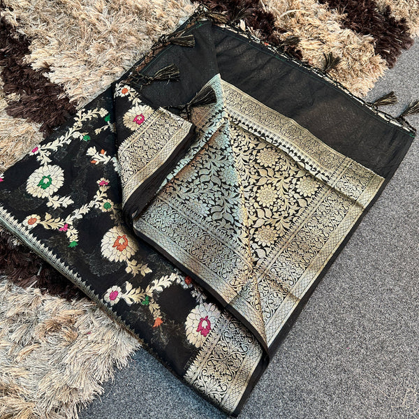 Black Semi Georgette Silk Alfi Meena Khaddi Banarasi Saree