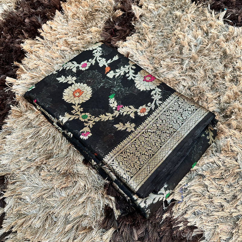 Black Semi Georgette Silk Alfi Meena Khaddi Banarasi Saree