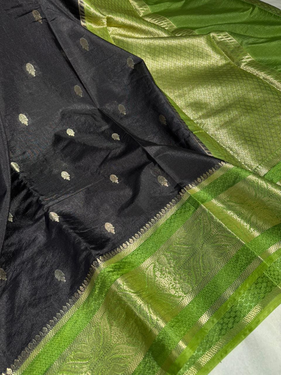 Black shade chiniya silk saree with rich pallu and Contrast blouse
