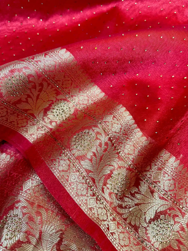 Blood Red Glass Tissue Silk Embedded Stones Banarasi Saree