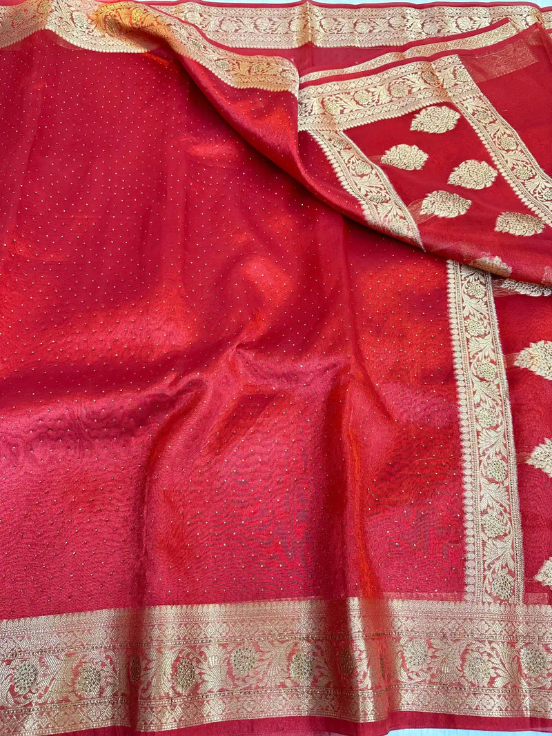 Blood Red Glass Tissue Silk Embedded Stones Banarasi Saree