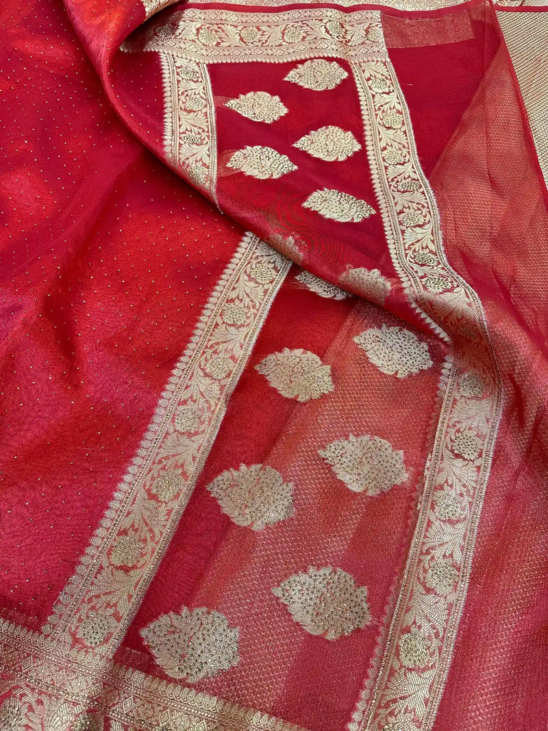 Blood Red Glass Tissue Silk Embedded Stones Banarasi Saree