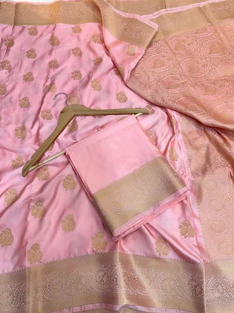 Blossom Pink Mashru Katan Zari Buta Banarasi Saree 