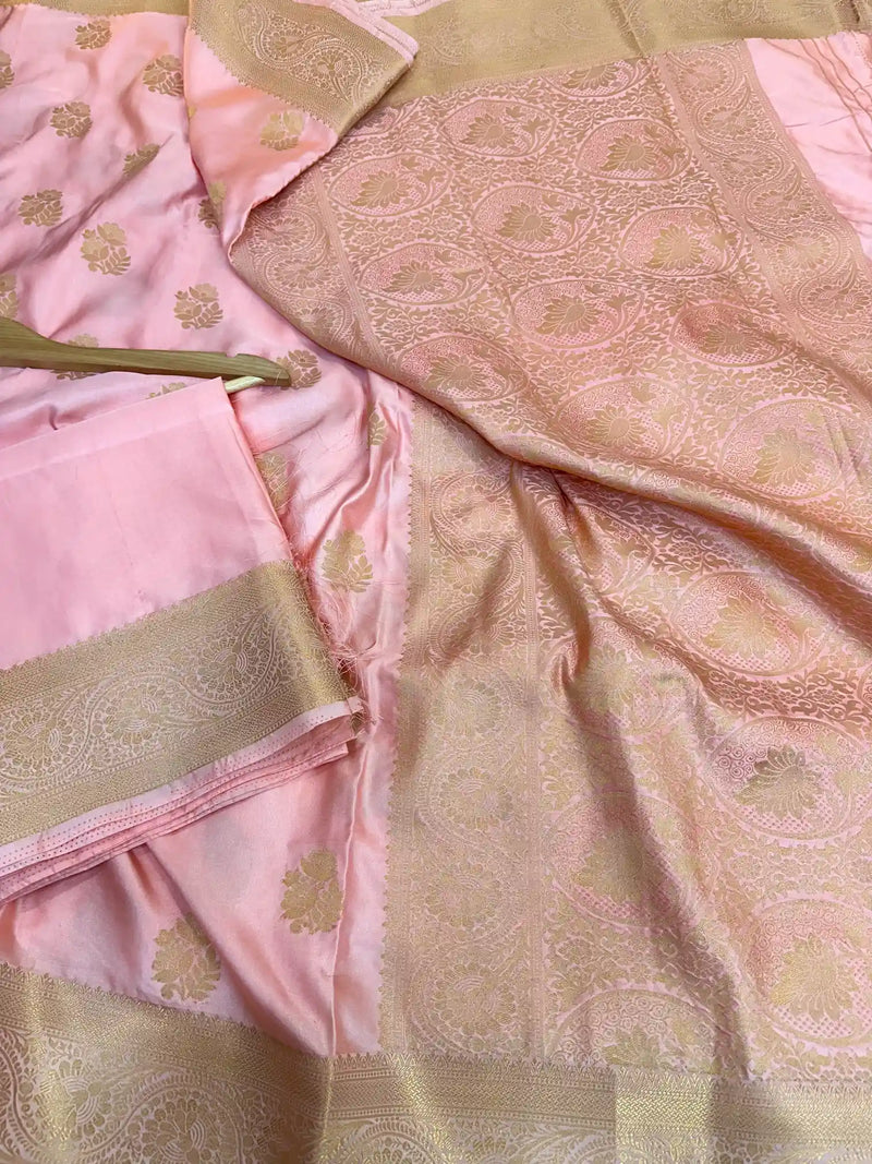 Blossom Pink Mashru Katan Zari Buta Banarasi Saree 