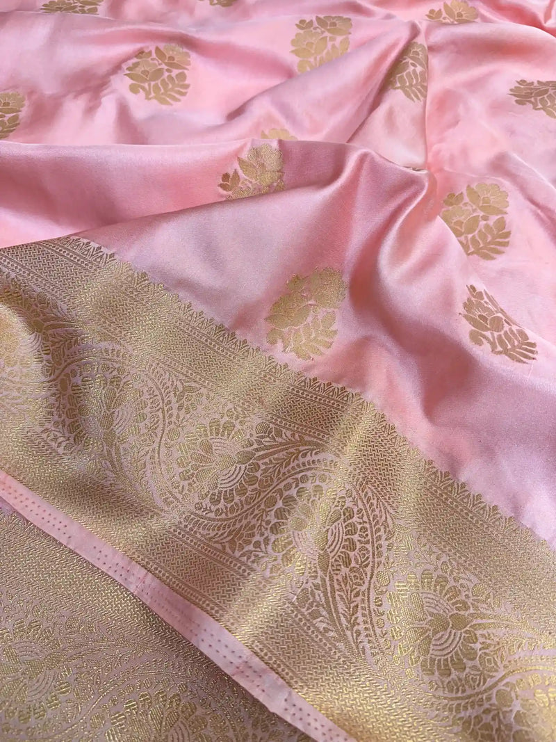 Blossom Pink Mashru Katan Zari Buta Banarasi Saree 