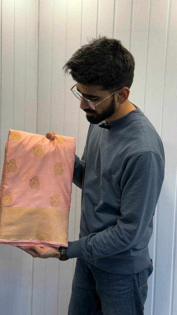 Blossom Pink Mashru Katan Zari Buta Banarasi Saree