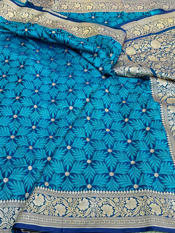 Blue Mashru Katan Silk Embossed Floral Banarasi Saree