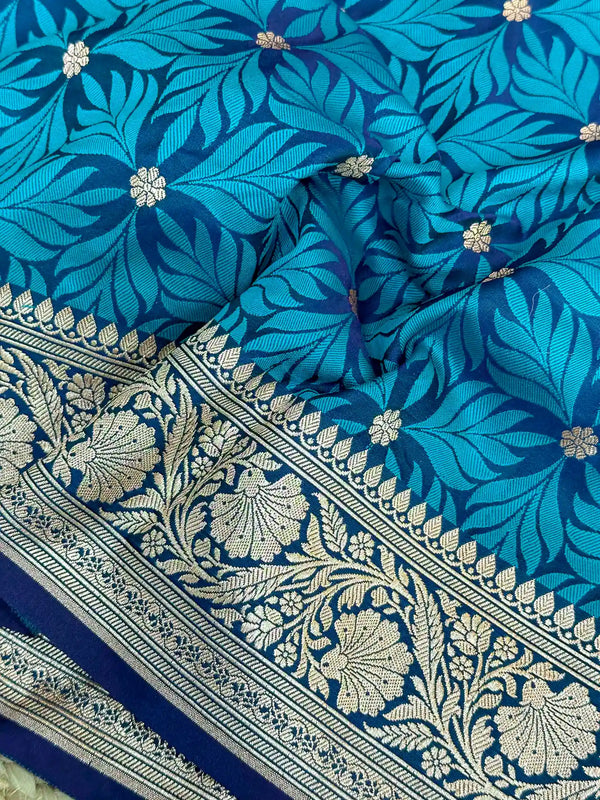 Blue Mashru Katan Silk Embossed Floral Banarasi Saree