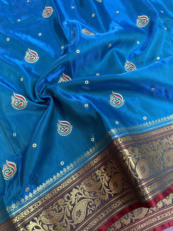 Blue Satin Silk Embroidered Saree