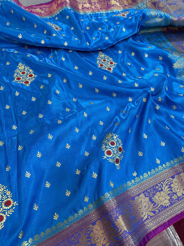 Blue Satin Silk Embroidered Saree