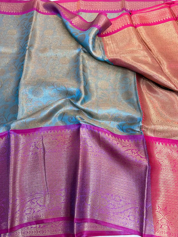 Blue Soft Tissue SIlk Embossed Banarasi Saree