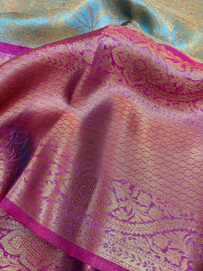 Blue Soft Tissue SIlk Embossed Banarasi Saree