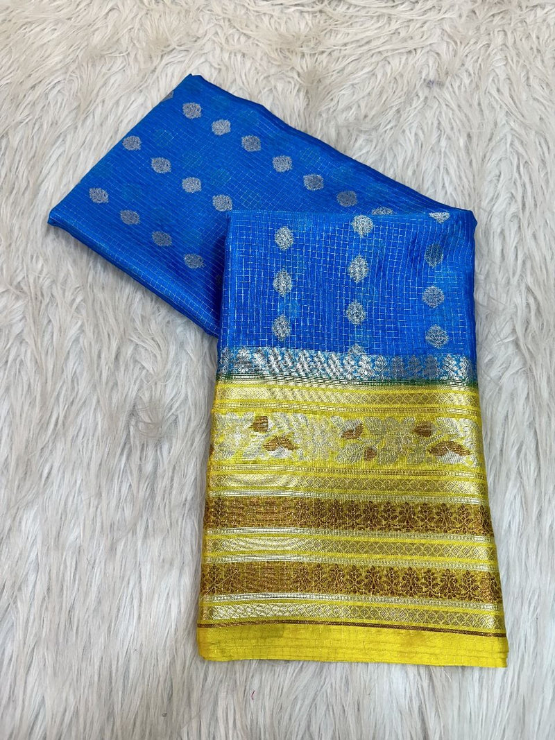 Blue Warm Silk Checks Buta Banarasi Saree