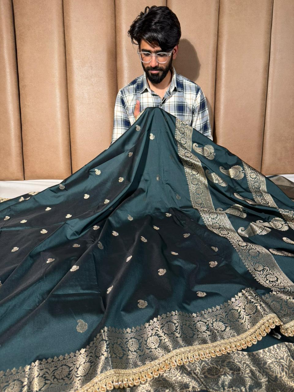 Bottle Green Banarasi Silk Lace Work Saree