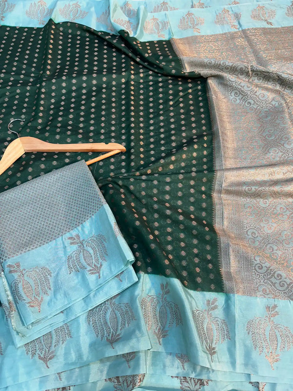 Bottle Green Chiniya silk zari Buti Banarasi Saree