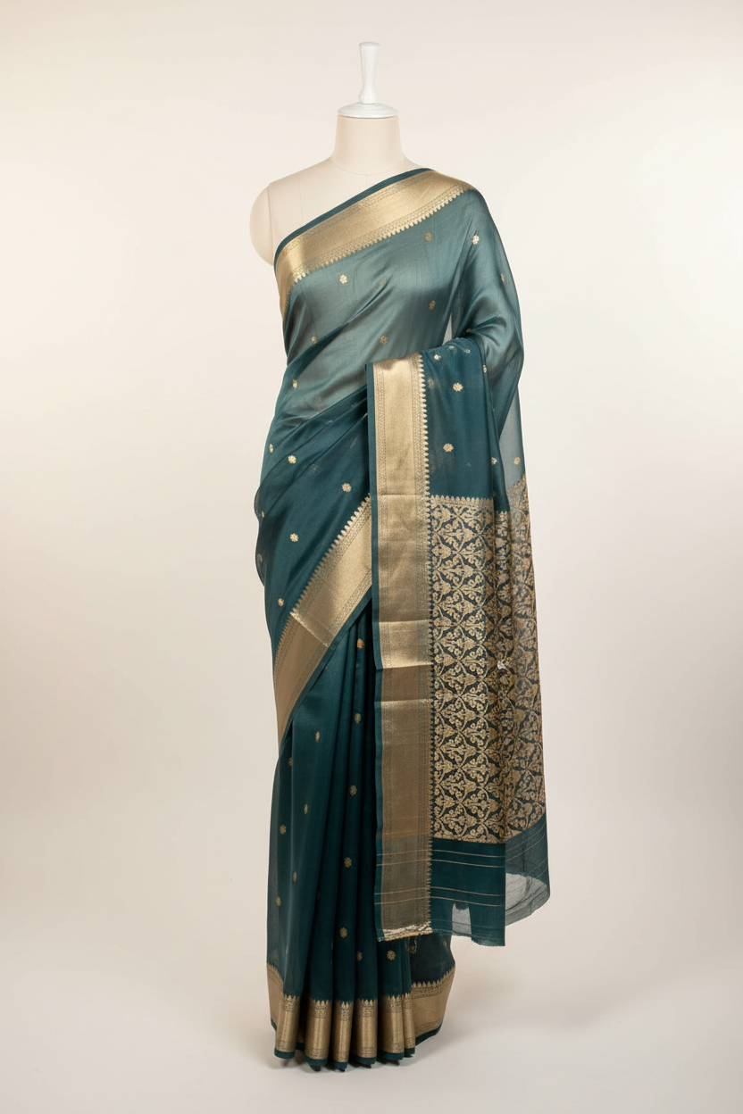Bottle Green Handwoven Pure Organza Banarasi Saree