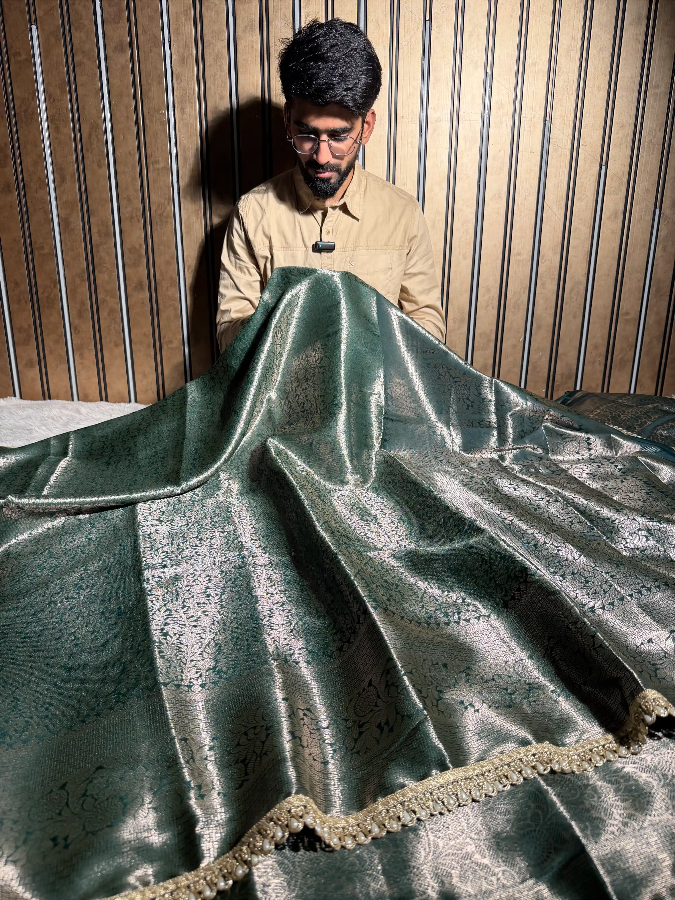 Bottle Green Kanjivaram Tissue Silk Designer Lace Work Banarasi Saree