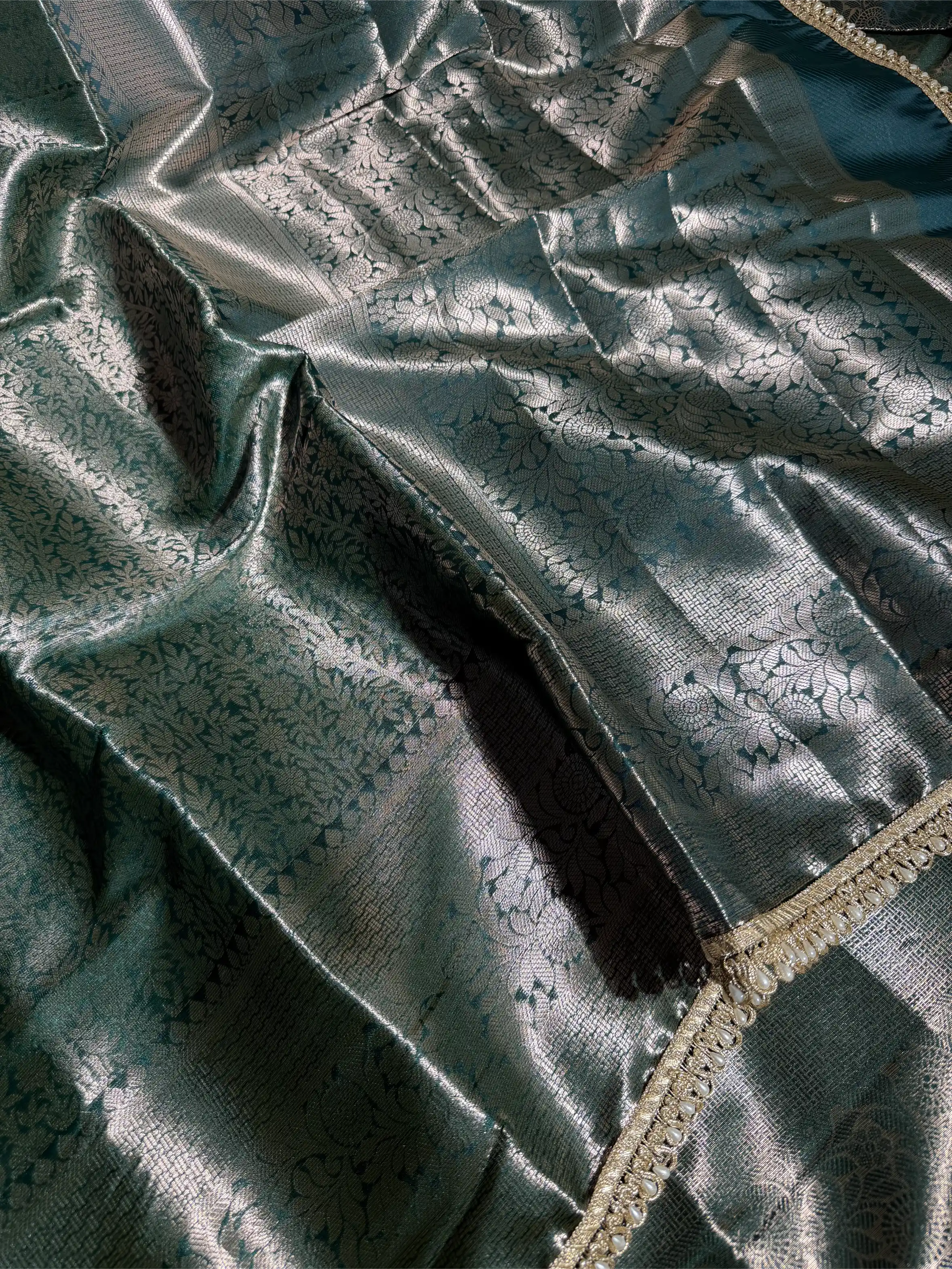 Bottle Green Kanjivaram Tissue Silk Designer Lace Work Banarasi Saree