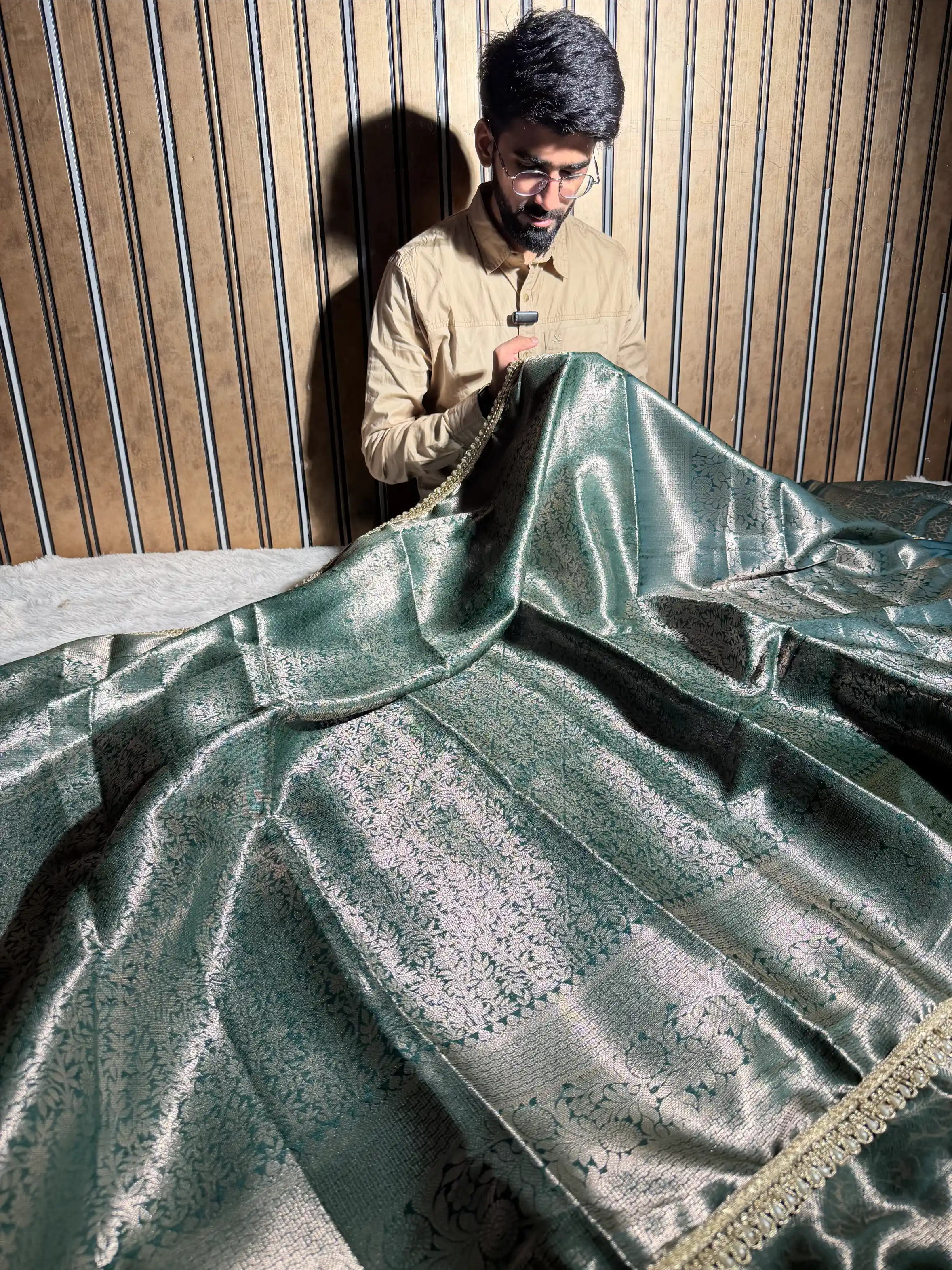 Bottle Green Kanjivaram Tissue Silk Designer Lace Work Banarasi Saree