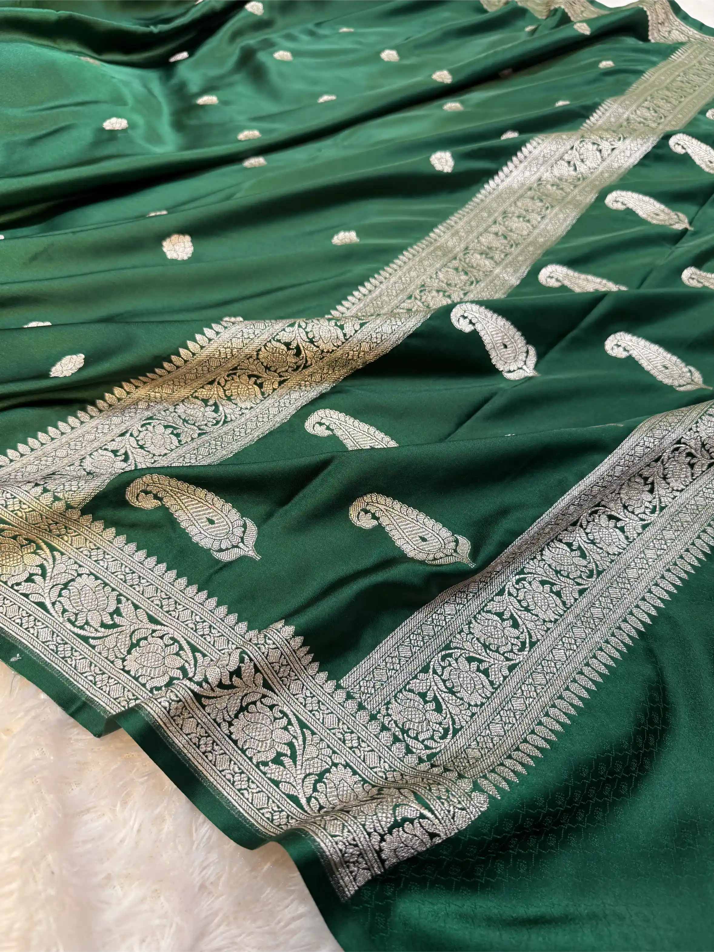 Bottle Green Mashru Katan Silver Zari Khaddi Buti Concept Banarasi Saree