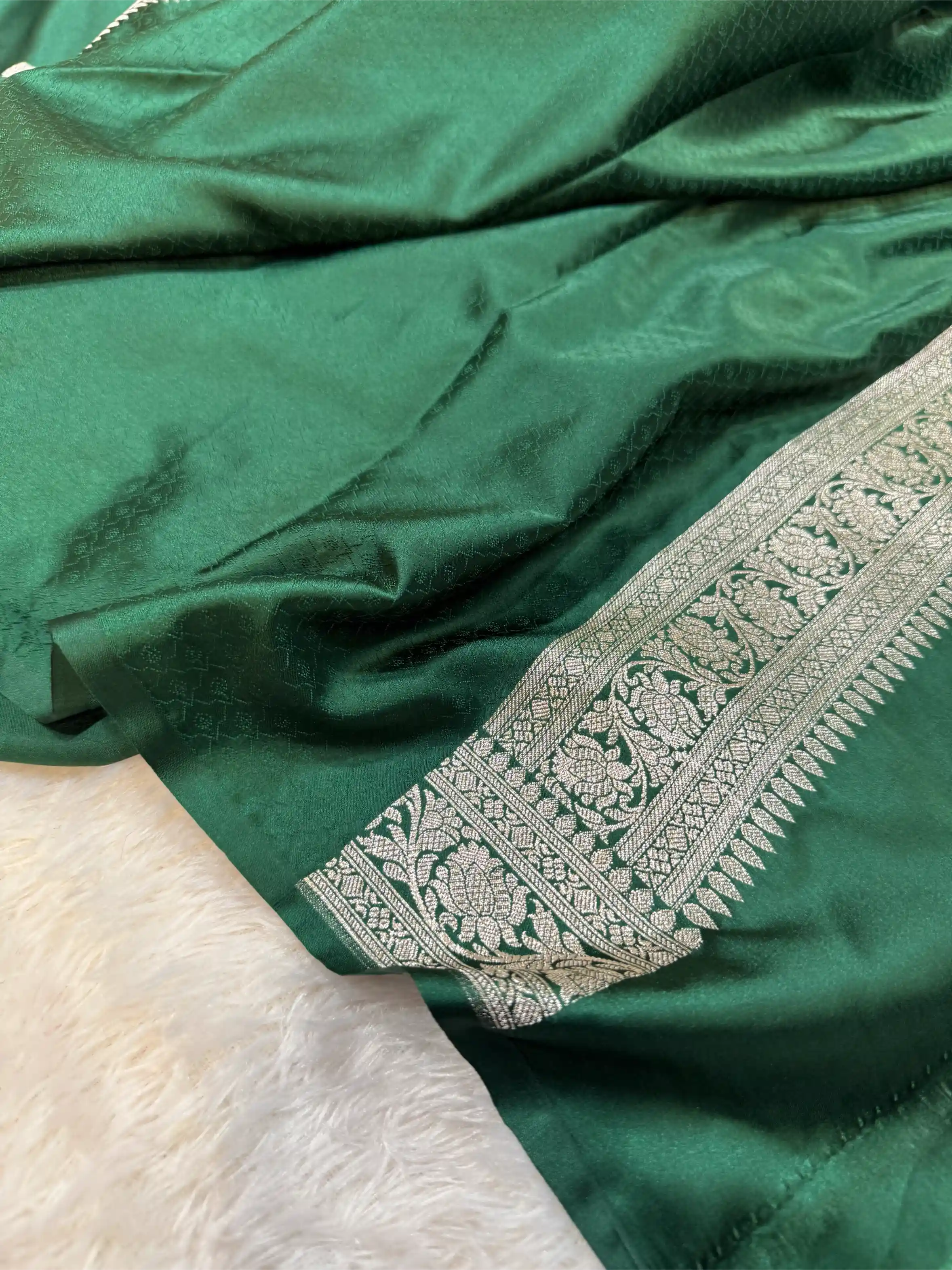 Bottle Green Mashru Katan Silver Zari Khaddi Buti Concept Banarasi Saree