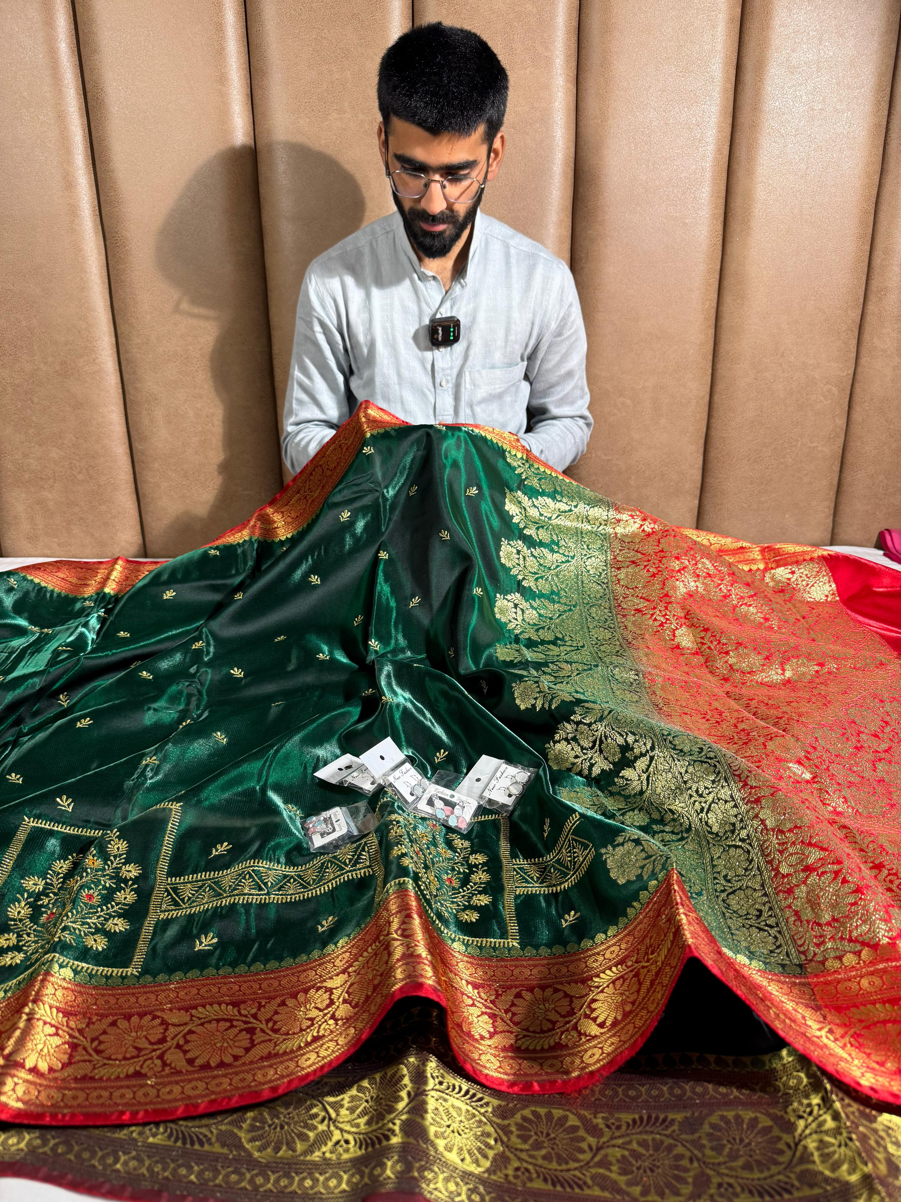 Bottle Green Satin Silk Embroidered Saree