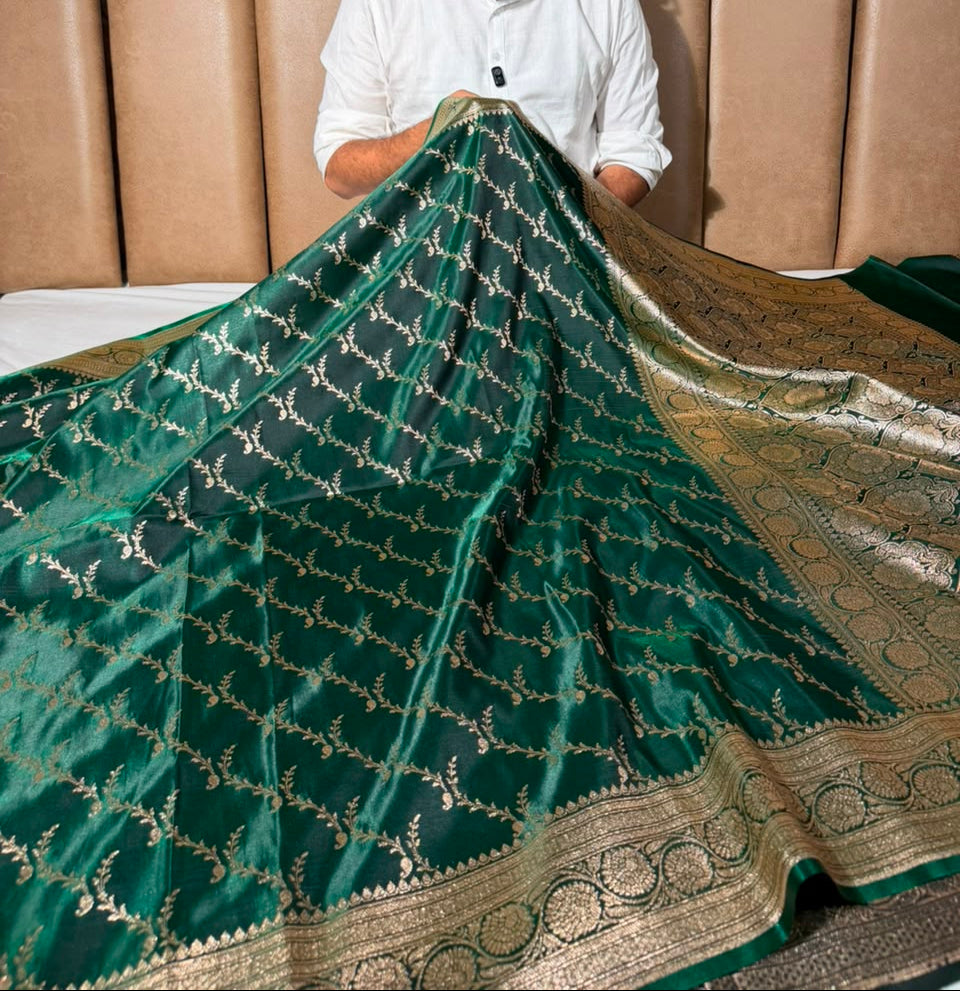 Bottle Green Satin Silk Intricate Banarasi Saree
