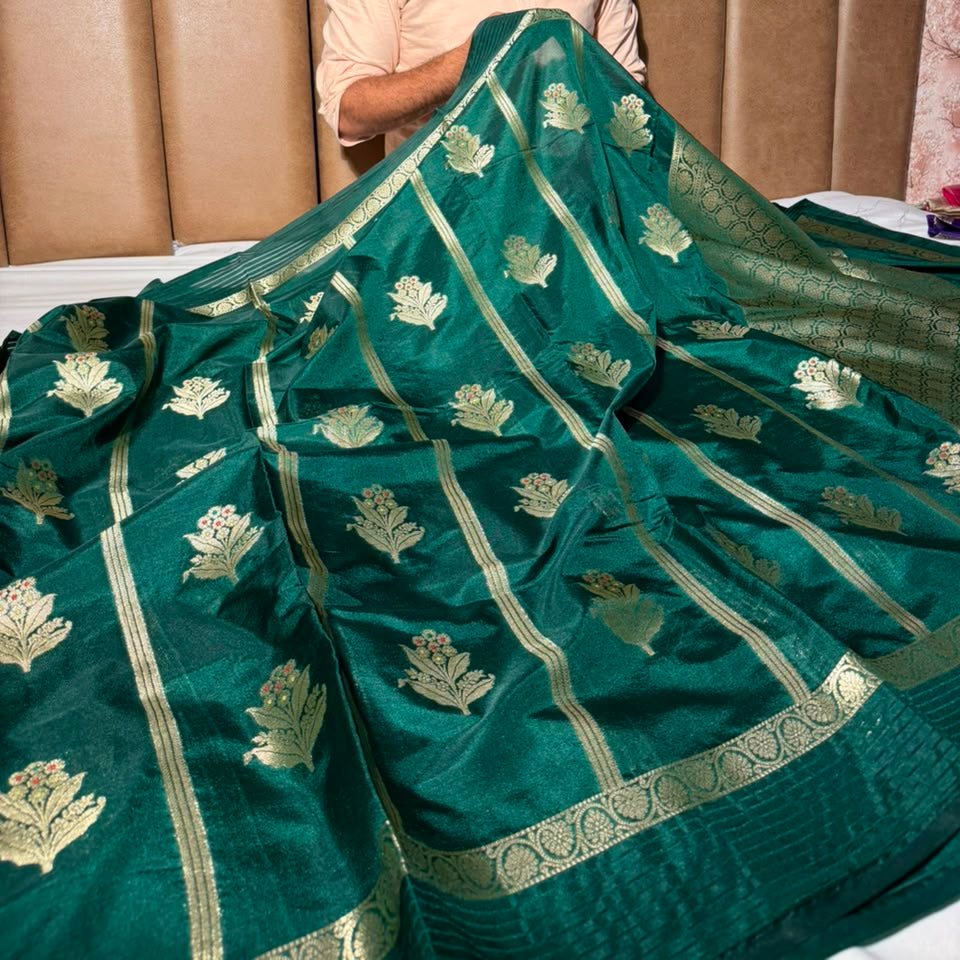 Bottle Green Stripe Weave Chinia Silk Banarasi Saree