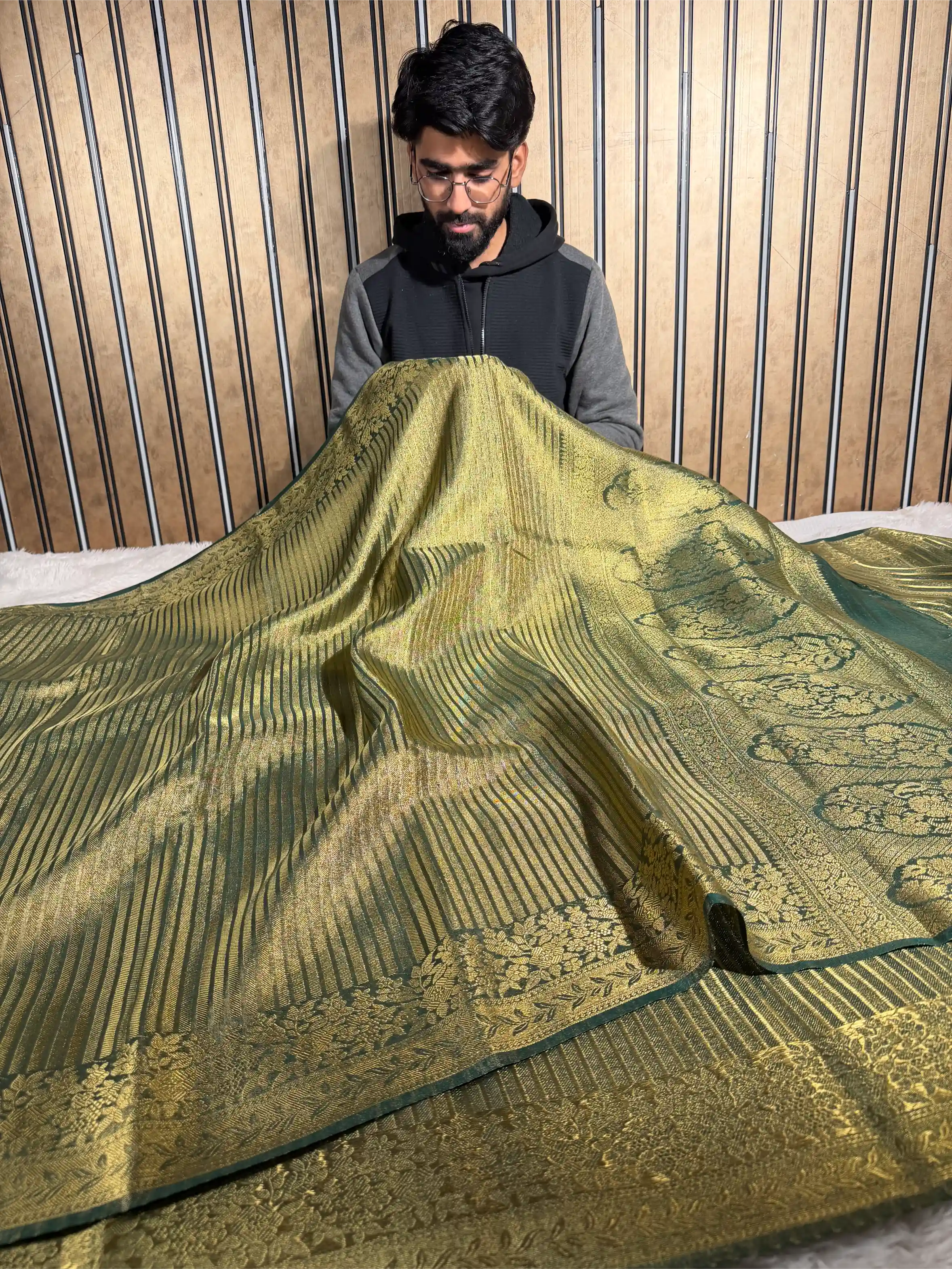 Bottle Green Tissue Silk Heritage Weave Banarasi Saree