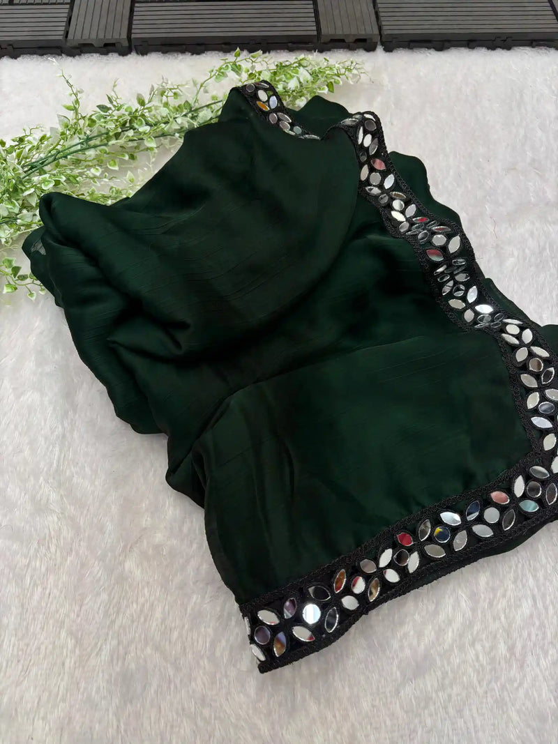 Bottle Green Color Satin Chiffon Designer Mirror Work Saree